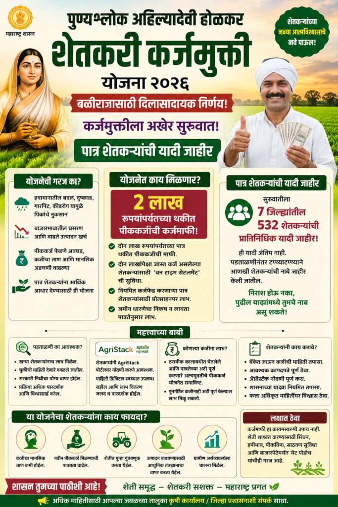 कर्जमुक्ती योजना २०२६ : पात्र शेतकऱ्यांची यादी जाहीर, बळीराजासाठी मोठा दिलासादायक बातमी | Loan Waiver Scheme 2026: List of eligible farmers announced, a great relief for farmers. punyashlok karj mafi